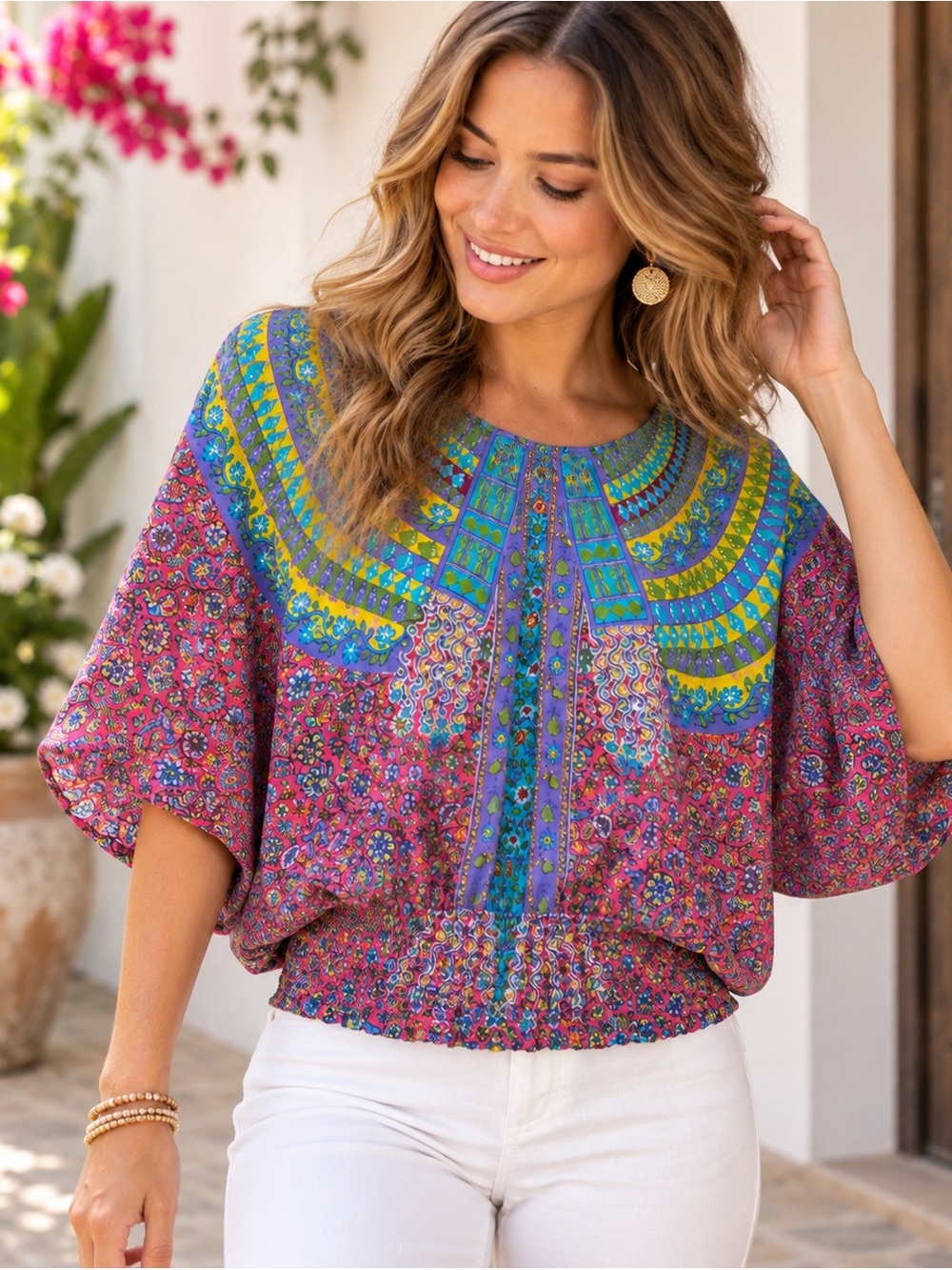 Tolani 100% Silk Boho Floral Peasant Blouse Top Pink Blue Women’s S